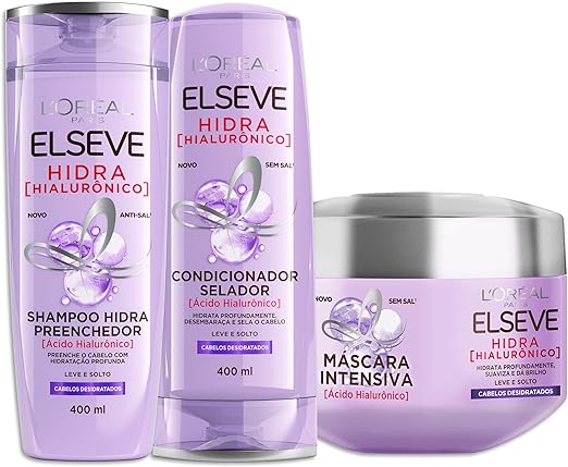 L'Oréal Paris Elseve Hidra Hialurônico Kit Shampoo 400ml + Condicionador 400ml + Creme de Tratamento 300G, Ação Preenchedora que Injeta 4X Mais Hidratação nos Fios Desde o Primeiro Uso