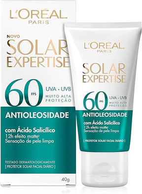 L'Oréal Paris Solar Expertise Protetor Solar Facial Antioleosidade FPS60 Efeito Matte com Ácido Salicílico, Alta Proteção de Amplo Espectro, Sem Cor, 40g