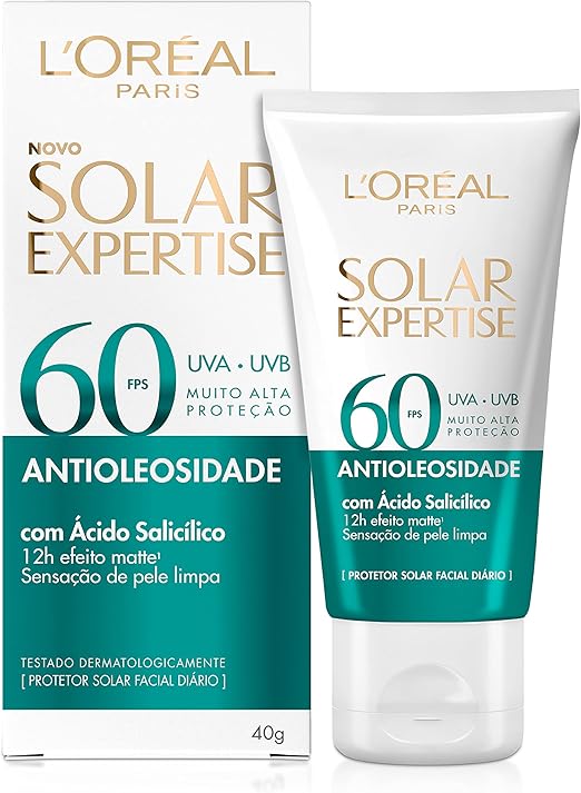 L'Oréal Paris Solar Expertise Protetor Solar Facial Antioleosidade FPS60 Efeito Matte com Ácido Salicílico, Alta Proteção de Amplo Espectro, Sem Cor, 40g