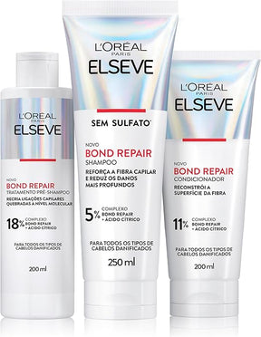 L'Oréal Paris Elseve Bond Repair Kit Tratamento Completo Reparação Molecular com Ácido Cítrico, Reconstrói Ligações e Devolve Força aos Cabelos Danificados (Pré-Shampoo + Shampoo + Condicionador)