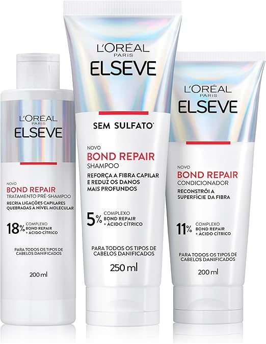 L'Oréal Paris Elseve Bond Repair Kit Tratamento Completo Reparação Molecular com Ácido Cítrico, Reconstrói Ligações e Devolve Força aos Cabelos Danificados (Pré-Shampoo + Shampoo + Condicionador)