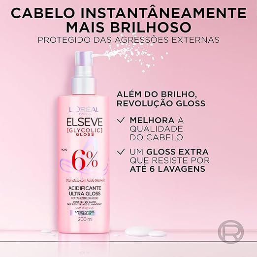 L'Oréal Paris Elseve Acidificante Capilar Glycolic Gloss, Brilho Durador Resiste por até 6 Lavagens, 200ml