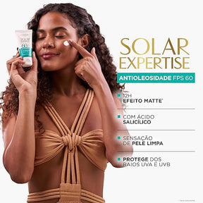 L'Oréal Paris Solar Expertise Protetor Solar Facial Antioleosidade FPS60 Efeito Matte com Ácido Salicílico, Alta Proteção de Amplo Espectro, Sem Cor, 40g