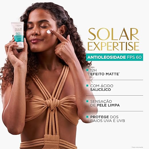 L'Oréal Paris Solar Expertise Protetor Solar Facial Antioleosidade FPS60 Efeito Matte com Ácido Salicílico, Alta Proteção de Amplo Espectro, Sem Cor, 40g