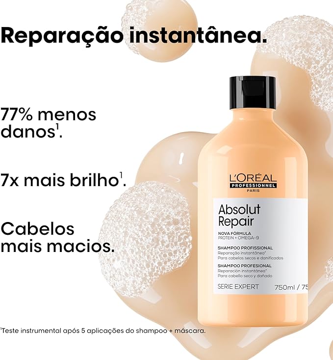 L'Oréal Professionnel Absolut Repair, Shampoo Profissional com Proteína de Trigo e Ômega 9, Ação Reparadora para Cabelos Secos e Danificados, 750ml