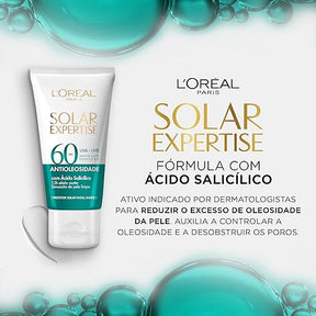 L'Oréal Paris Solar Expertise Protetor Solar Facial Antioleosidade FPS60 Efeito Matte com Ácido Salicílico, Alta Proteção de Amplo Espectro, Sem Cor, 40g