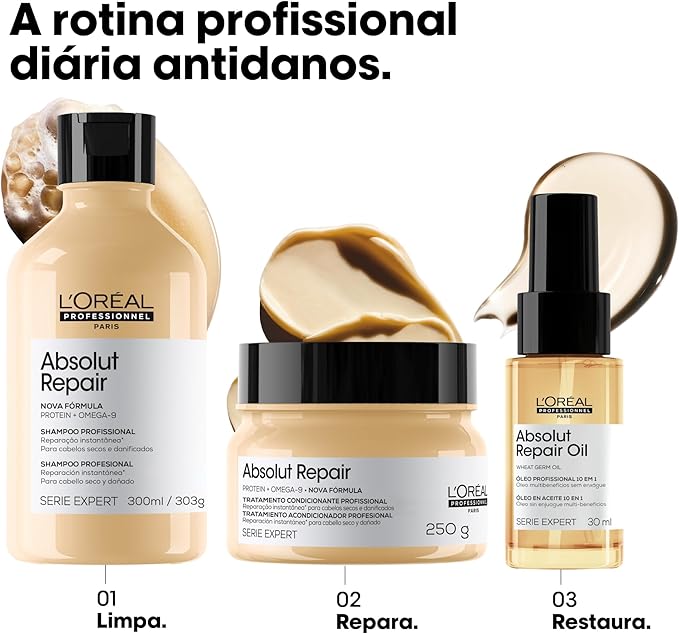 L'Oréal Professionnel Óleo 10 em 1 Absolut Repair | Multi-benefícios para cabelos secos e danificados | Repara e Promove Brilho | Com Gold Quinoa e Proteínas