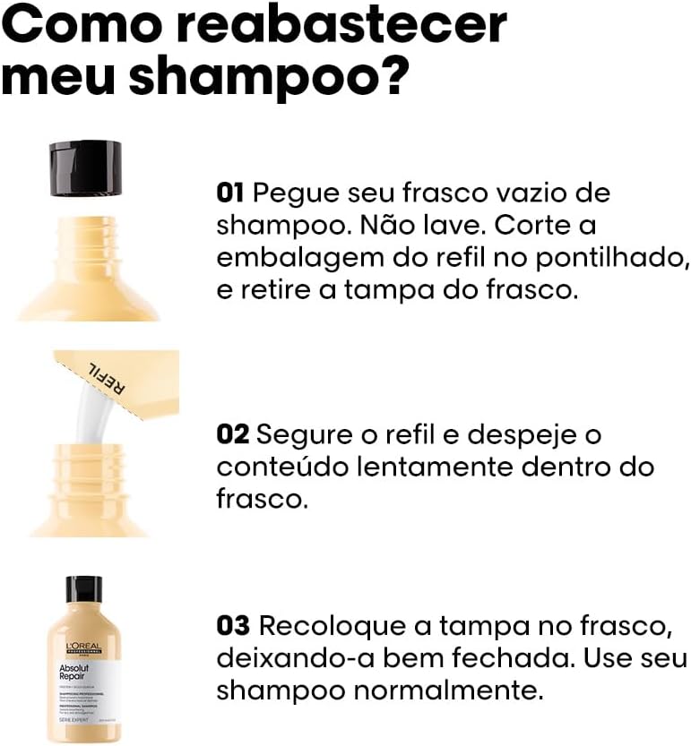 L'Oréal Professionnel Serie Expert Absolut Repair, Shampoo Reconstrutor para Cabelos Danificados e Finos Refil com Quinoa Dourada, Reparação Profunda e Brilho Intenso 240ml