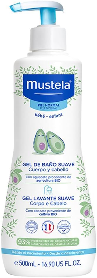 Mustela Gel Lavante Suave 500ml - Sabonete Líquido Corpo e Cabelo Infantil - 93% de Ingredientes de Origem Natural - Seguro Desde o Nascimento