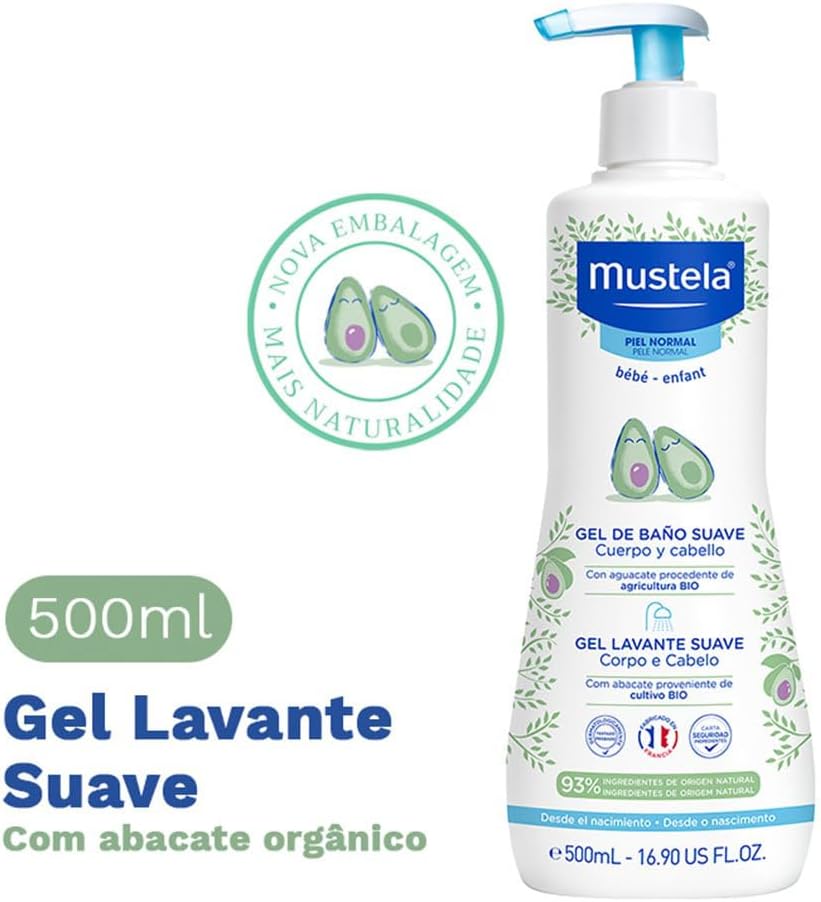 Mustela Gel Lavante Suave 500ml - Sabonete Líquido Corpo e Cabelo Infantil - 93% de Ingredientes de Origem Natural - Seguro Desde o Nascimento