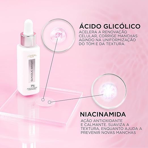 L'Oréal Paris Glycolic-Bright, Sérum Facial Anti-Manchas com Ácido Glicólico e Niacinamida, Melhora a Textura e Hidratação e Uniformiza o Tom da Pele, 30ml