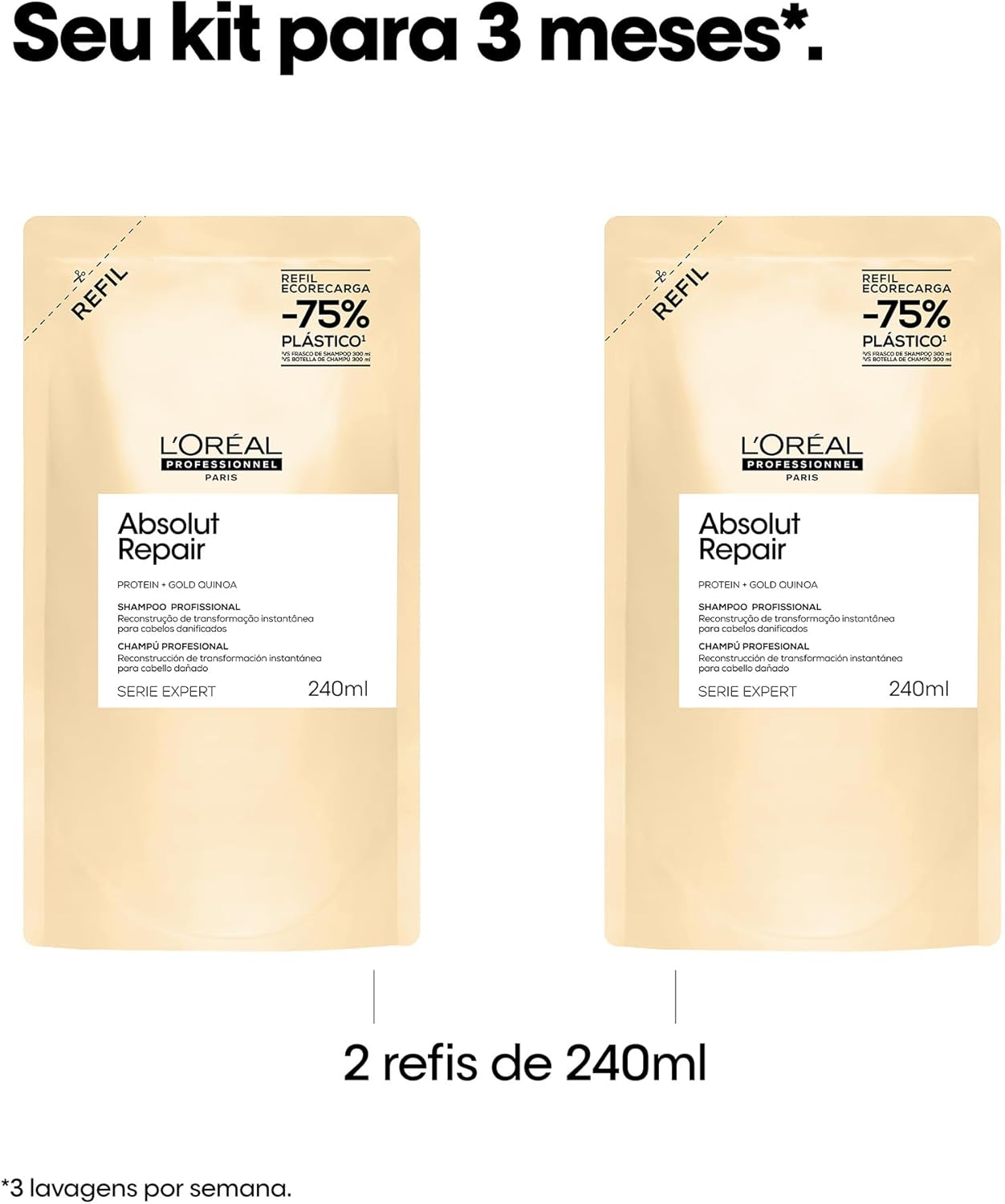 L'Oréal Professionnel Serie Expert Absolut Repair, Shampoo Reconstrutor para Cabelos Danificados e Finos Refil com Quinoa Dourada, Reparação Profunda e Brilho Intenso 240ml