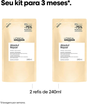 L'Oréal Professionnel Serie Expert Absolut Repair, Shampoo Reconstrutor para Cabelos Danificados e Finos Refil com Quinoa Dourada, Reparação Profunda e Brilho Intenso 240ml