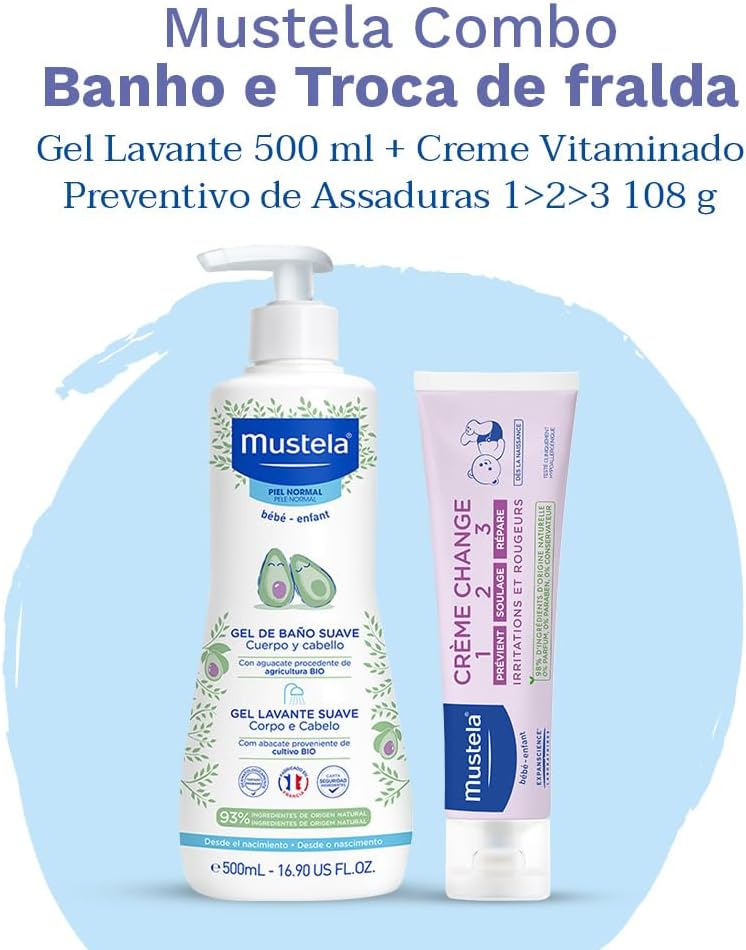 Mustela Gel Lavante Suave 500ml - Sabonete Líquido Corpo e Cabelo Infantil - 93% de Ingredientes de Origem Natural - Seguro Desde o Nascimento