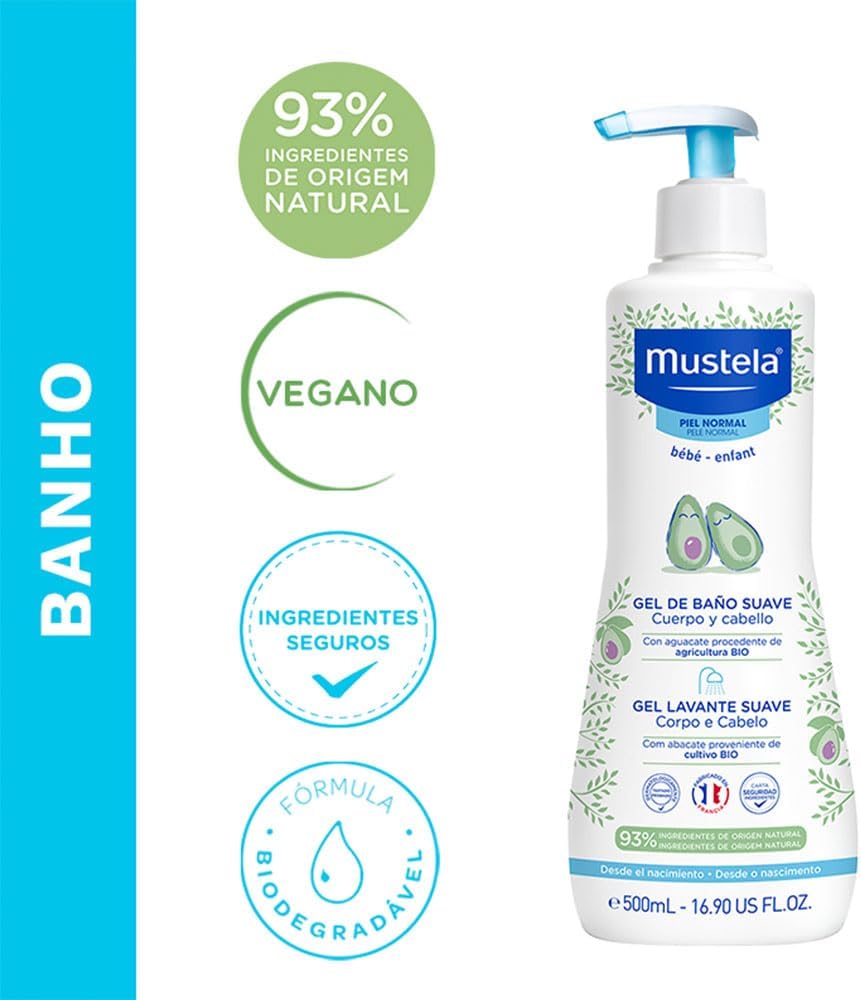 Mustela Gel Lavante Suave 500ml - Sabonete Líquido Corpo e Cabelo Infantil - 93% de Ingredientes de Origem Natural - Seguro Desde o Nascimento