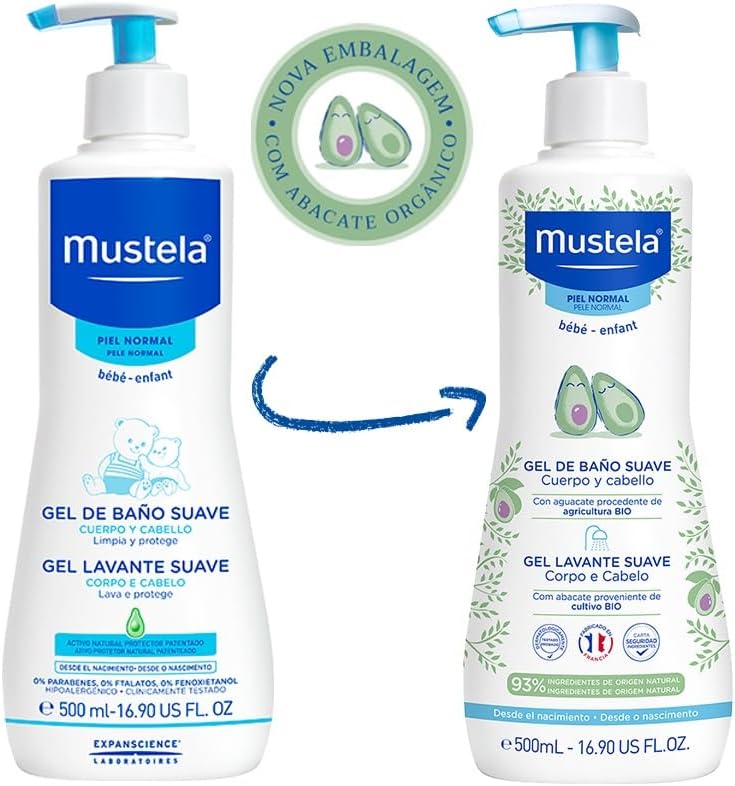 Mustela Gel Lavante Suave 500ml - Sabonete Líquido Corpo e Cabelo Infantil - 93% de Ingredientes de Origem Natural - Seguro Desde o Nascimento
