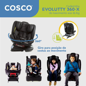 Cosco Kids, Cadeirinha Evolutty 360 X, 0 a 36kg, com Giro 360º e Isofix, Preto