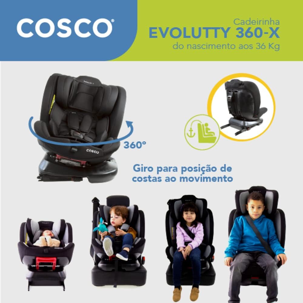 Cosco Kids, Cadeirinha Evolutty 360 X, 0 a 36kg, com Giro 360º e Isofix, Preto