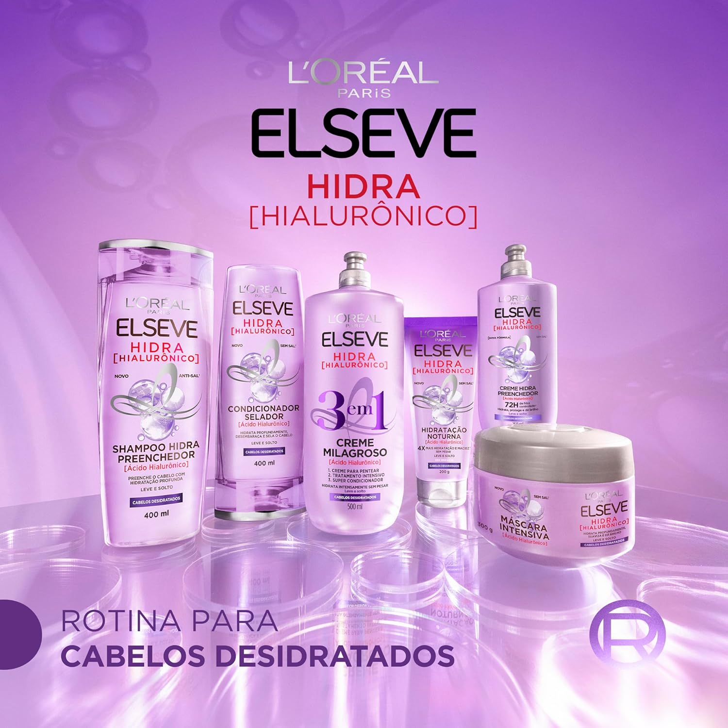 L'Oréal Paris Elseve Hidra Hialurônico Kit Shampoo 400ml + Condicionador 400ml + Creme de Tratamento 300G, Ação Preenchedora que Injeta 4X Mais Hidratação nos Fios Desde o Primeiro Uso