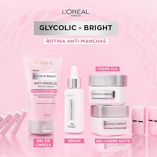 L'Oréal Paris Glycolic-Bright, Sérum Facial Anti-Manchas com Ácido Glicólico e Niacinamida, Melhora a Textura e Hidratação e Uniformiza o Tom da Pele, 30ml