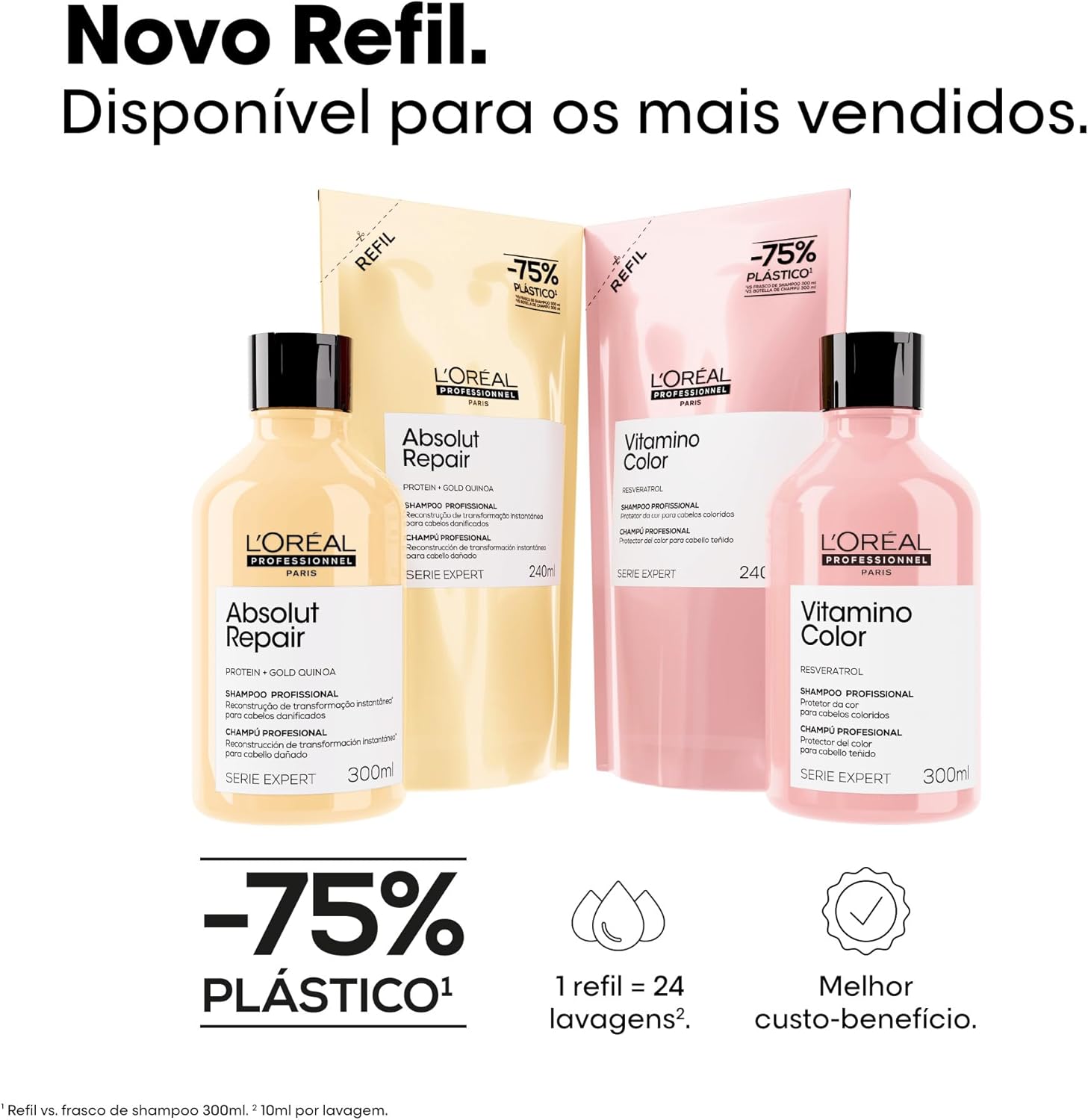 L'Oréal Professionnel Serie Expert Absolut Repair, Shampoo Reconstrutor para Cabelos Danificados e Finos Refil com Quinoa Dourada, Reparação Profunda e Brilho Intenso 240ml