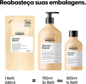 L'Oréal Professionnel Serie Expert Absolut Repair, Shampoo Reconstrutor para Cabelos Danificados e Finos Refil com Quinoa Dourada, Reparação Profunda e Brilho Intenso 240ml